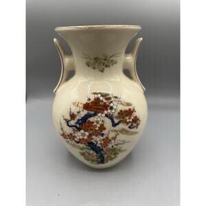 Vintage Imperial Japan Floral Vase Double Handle Gold Trim Crazing 9”